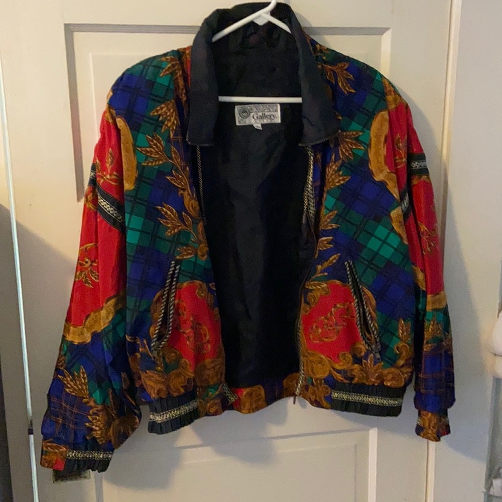 vintage print zip up windbreaker w/ shoulder pads